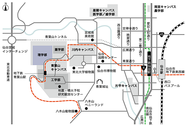仙台市内から東北大学理学部へのマップ